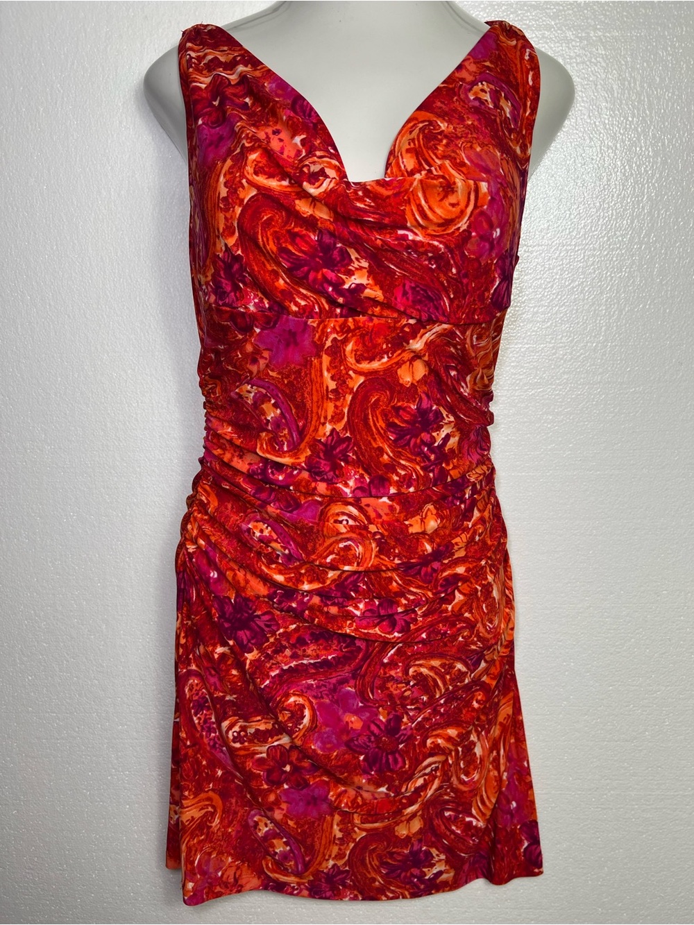 Lauren Ralph Lauren Red Orange Paisley Ruched Cowl Neck Sheath Dress Size 10